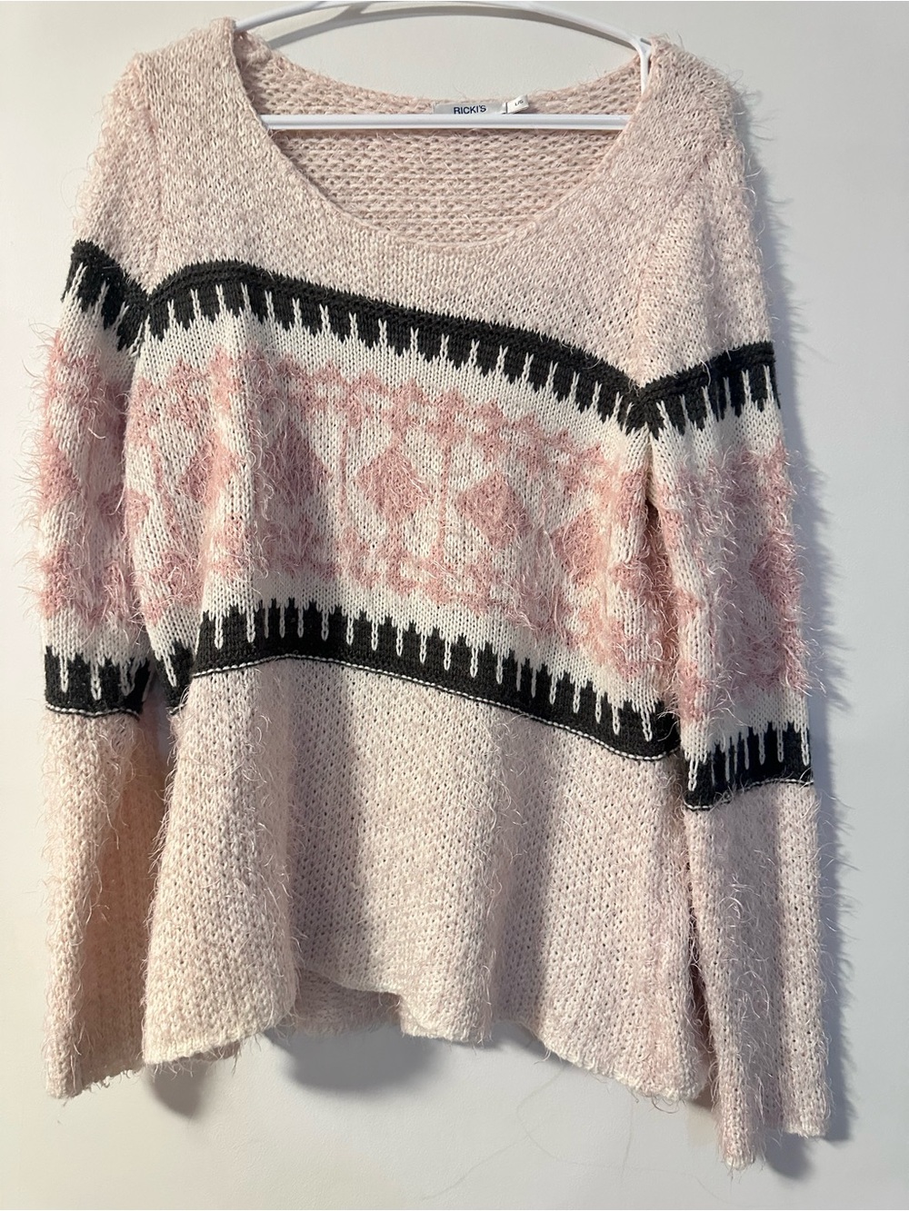 Ricki's Cream and Pink Fuzzy Knit Sweater with Black Trim